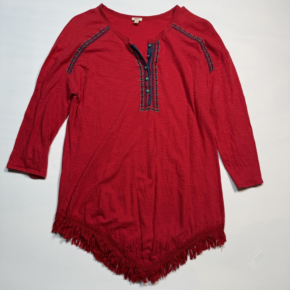 Reba Shirt Womens Medium Red Embroidered Henley Fringe Boho Western Tunic Top